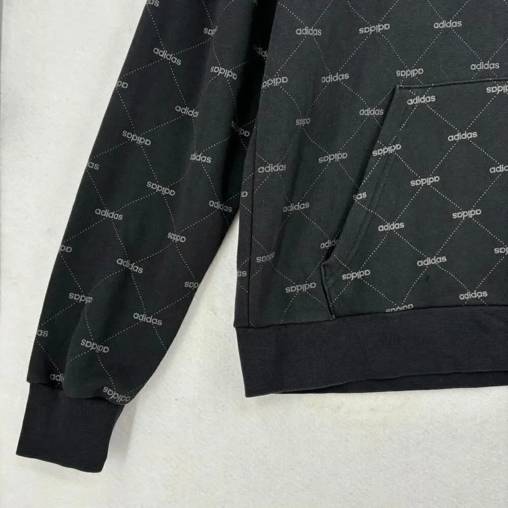 Adidas Hooded Sweatshirt‎ Men's M Black White Allover Spellout Print Hoodie